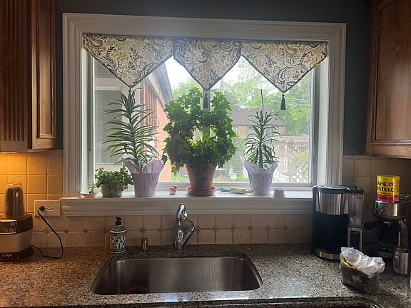 Large sink with pushbutton insinkerator, in counter soap pump, gooseneck faucet with sprayer, pretty backyard view.
