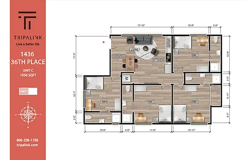 Floor plan 4 Bed 4 Bath - 1050 sqft
