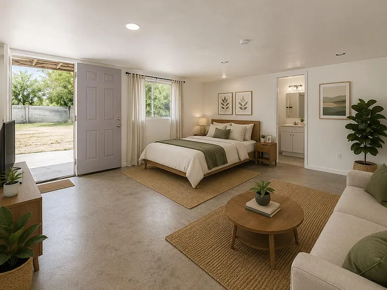 Spacious bedroom suite with private entry, large window, and an en-suite vanity area for added daily convenience.
