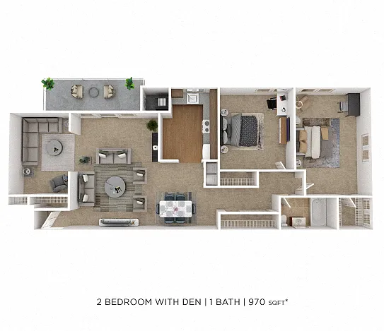 Floor plan Two Bedroom w/ Den - 970 sqft
