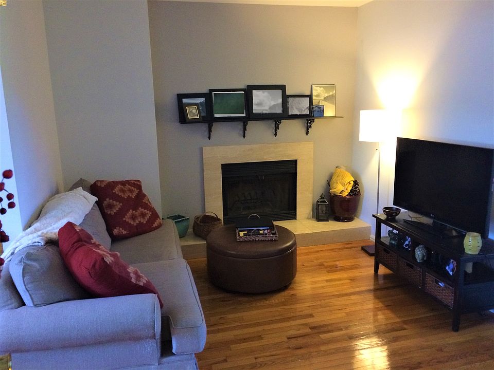 Living room with working fireplace.