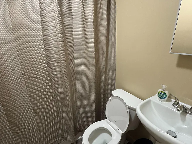 Full bathroom with tub/shower combo, textured shower curtain, and a compact vanity with sink and mirror.