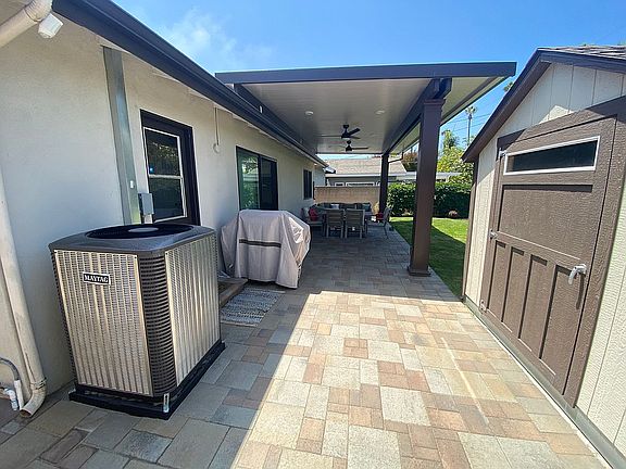 South view, pavers, shed, AC