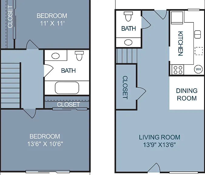 2 Bedroom 1.5 Bathroom B Townhome Floorplan Diagram