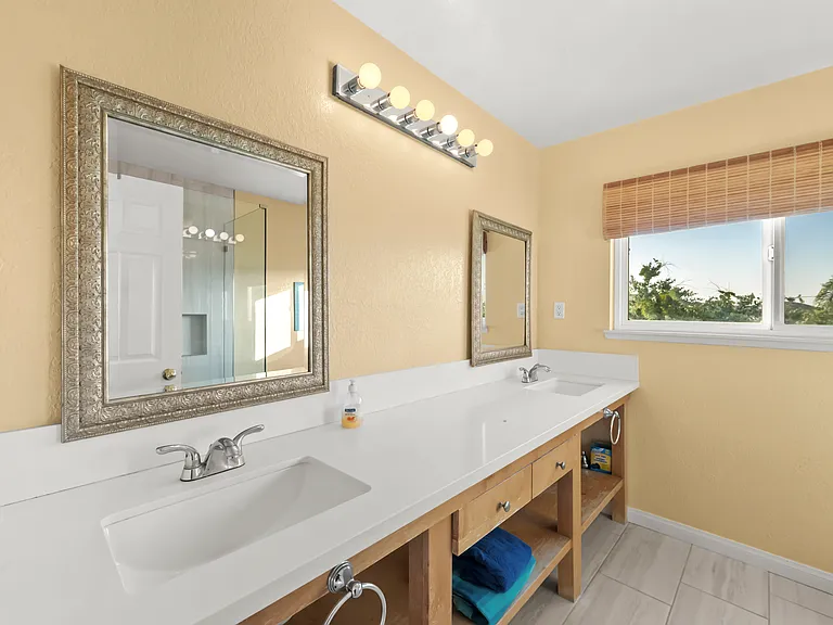 Wash up with the double sinks.