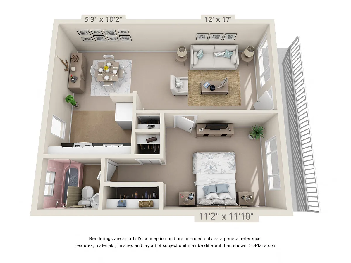 Floor plan 1 Bedroom, 1 Bath (Courtyard)