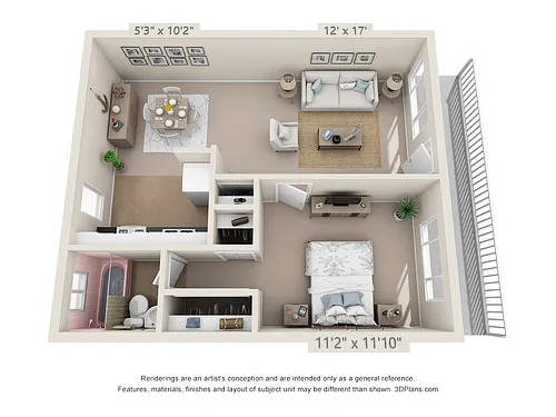 Floor plan 1 Bedroom, 1 Bath (Courtyard)