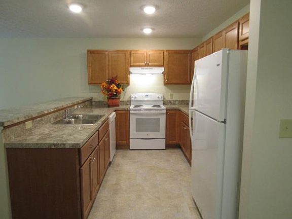 All white electric appliances provided: dishwasher, range, range hood, refrigerator. 2-basin sink with faux tan/white marble Formica and garbage disposal. Good storage with auburn wood cabinets. Light tan/gray vinyl floor.