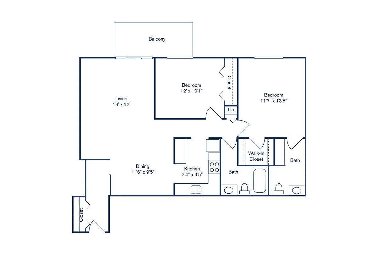 Floor plan 2 Bedroom, 1.5 Bath (951 sqft.)