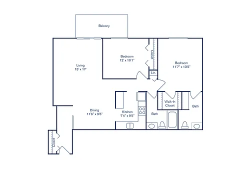 Floor plan 2 Bedroom, 1.5 Bath (951 sqft.)