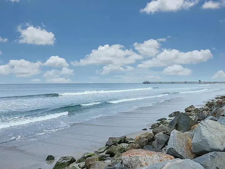 Oceanside beaches with the pier in the background.