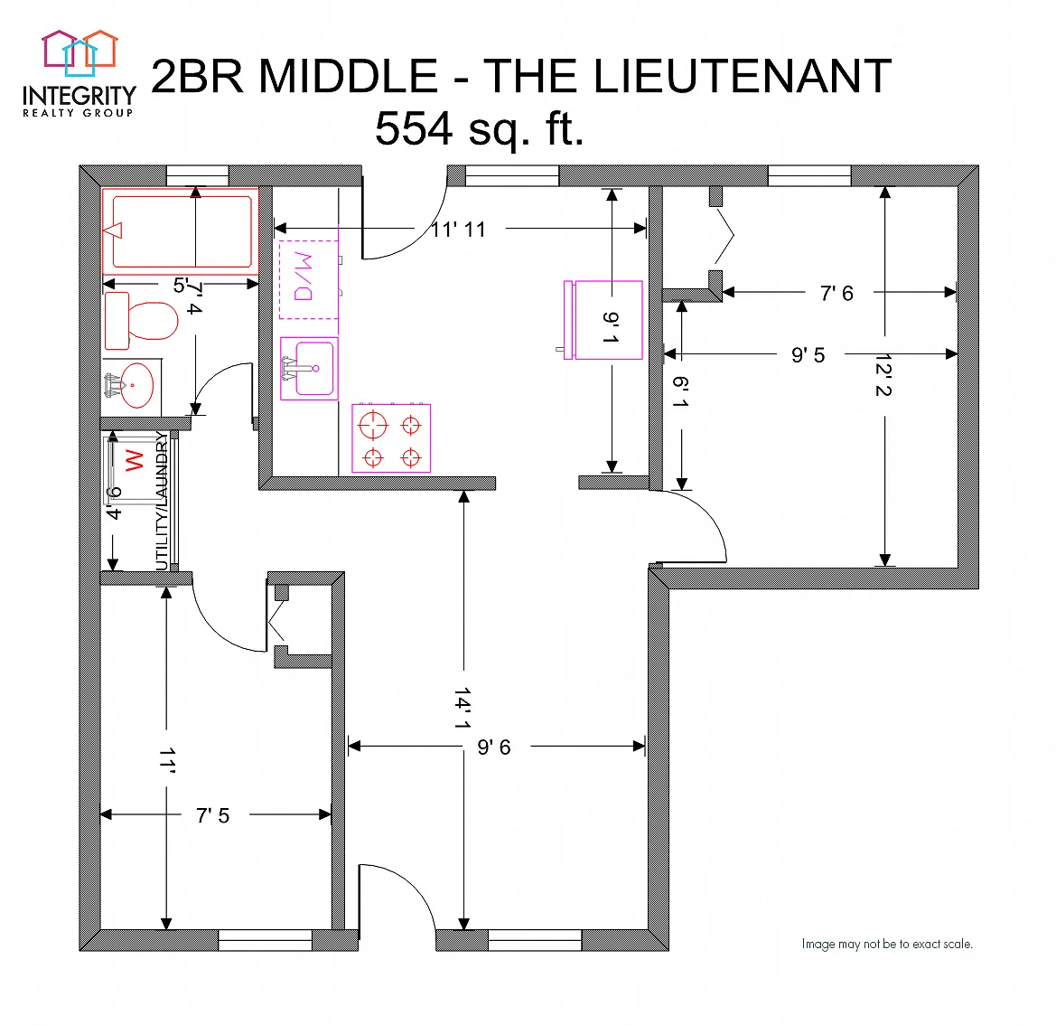 Floor plan 2 Bedroom 1 Bath (MIddle Apartment)