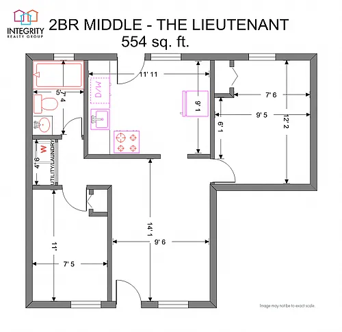 Floor plan 2 Bedroom 1 Bath (MIddle Apartment)