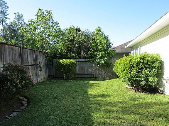 Back yard with landscaping, roses.