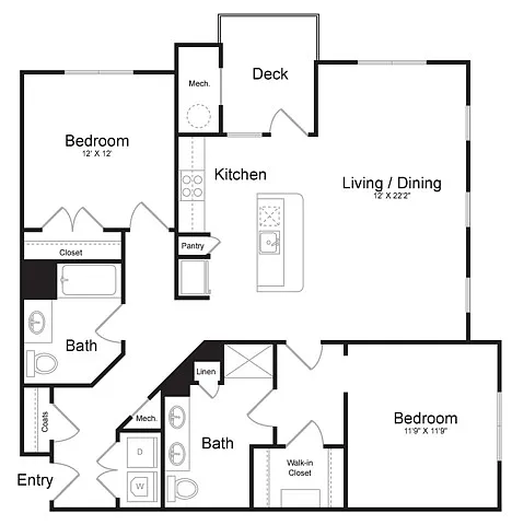 Floor plan Two Bedroom Two Bath (1257 SF)