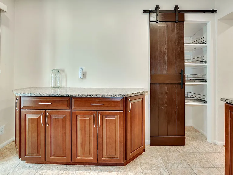 Pantry with pull out shelves and barn door