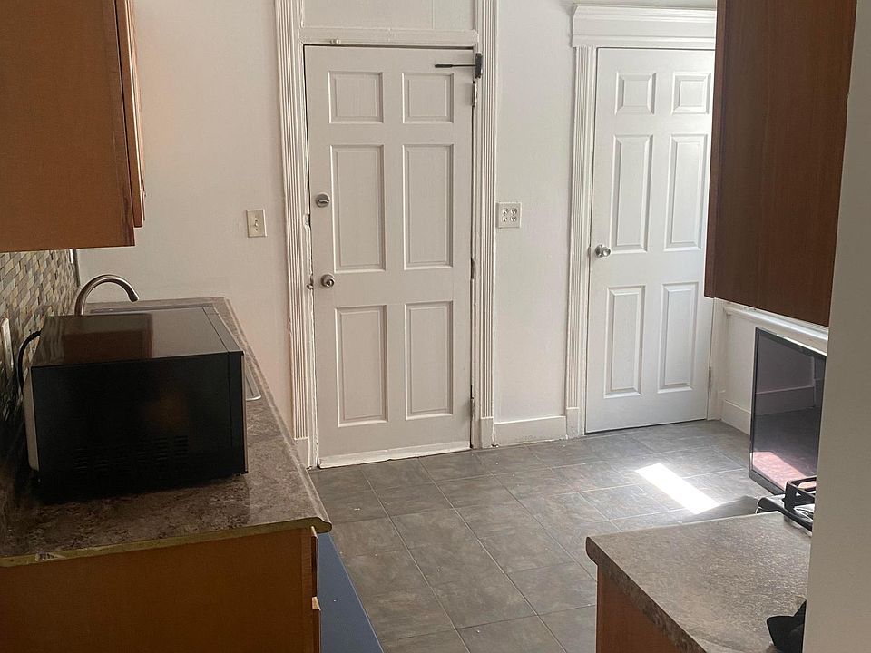 Kitchen view from Hallway entrance. The pantry is the door to the right. The left door leads to the back steps which leads to the backyard.