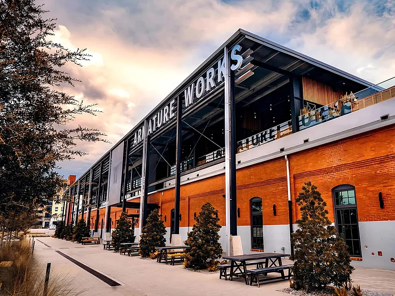 Armature Works Building with Outdoor Seating and Industrial Architecture