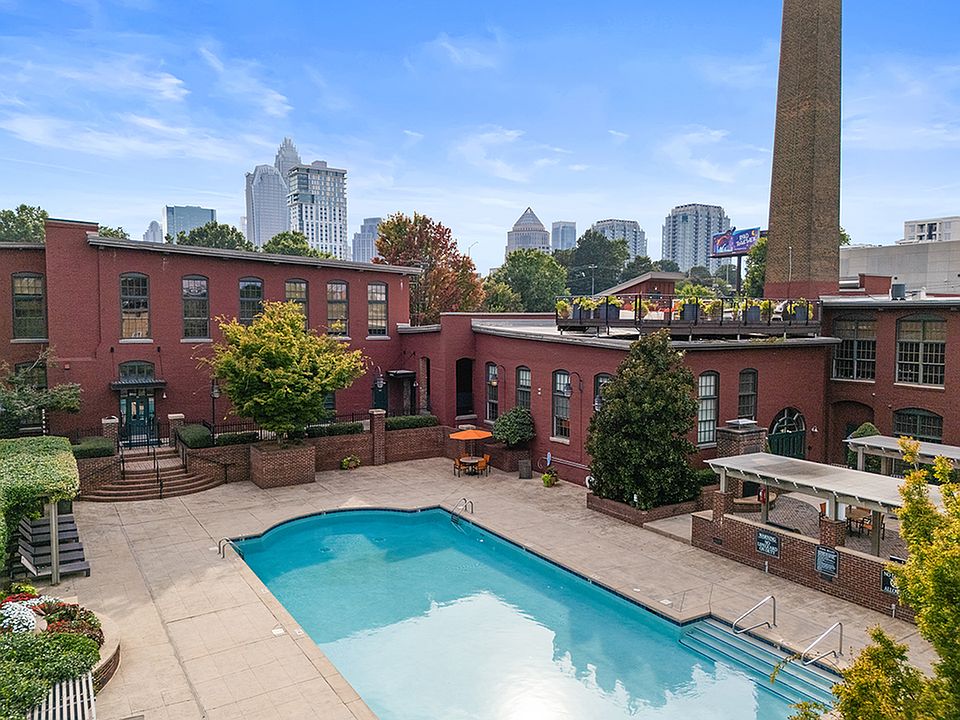Pool with City Skyline Alpha Mill Apartments in NODA Charlotte, NC