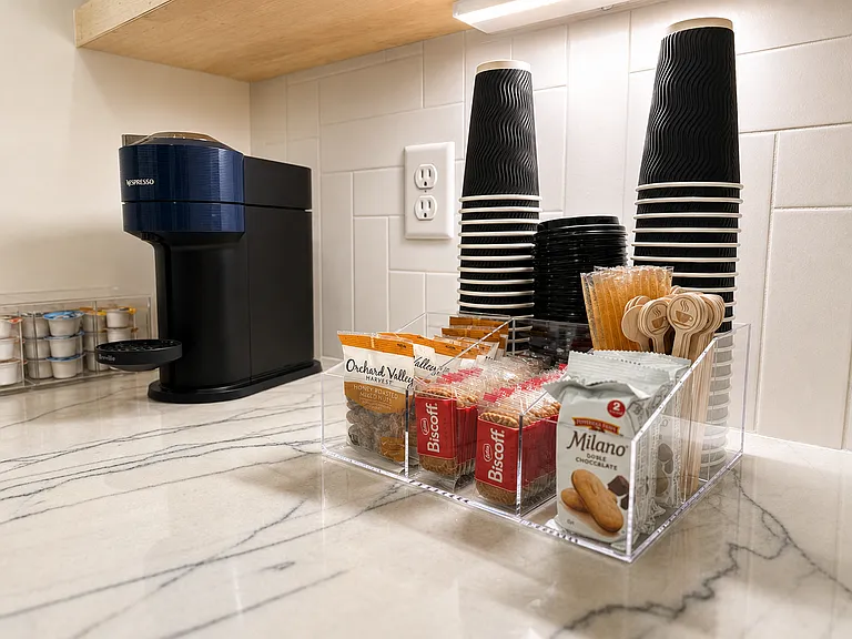 Start your morning right and save the Starbucks money, with your very own custom espresso and beverage bar with wine fridge, syrups, tea, honey, snacks and glassware for elevated mornings and nights in.