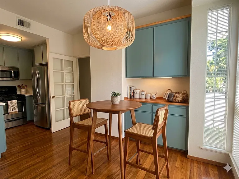 Staged for layout visualization; unit comes unfurnished"
