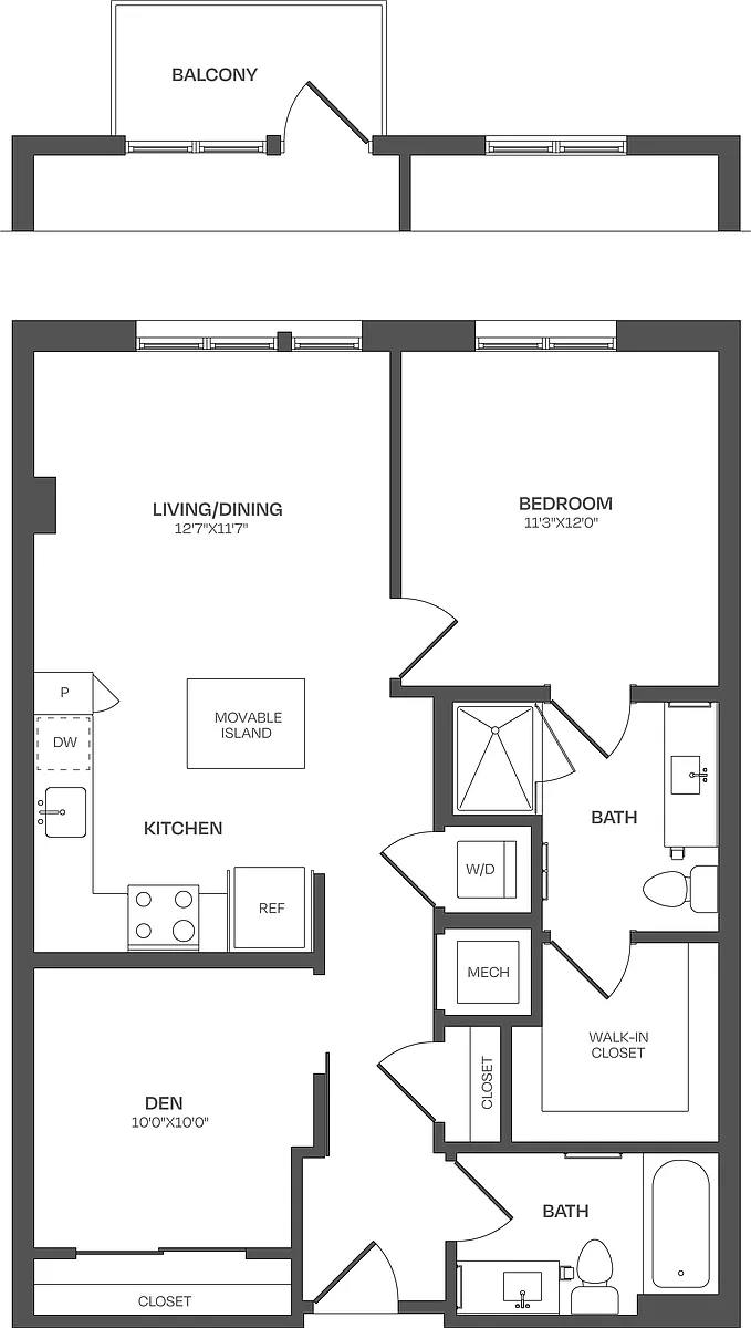 Floor plan 1 Bed/2 Bath Den-B08