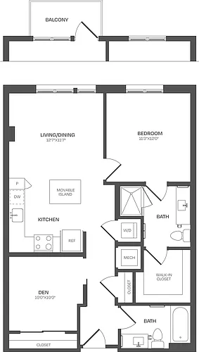 Floor plan 1 Bed/2 Bath Den-B08