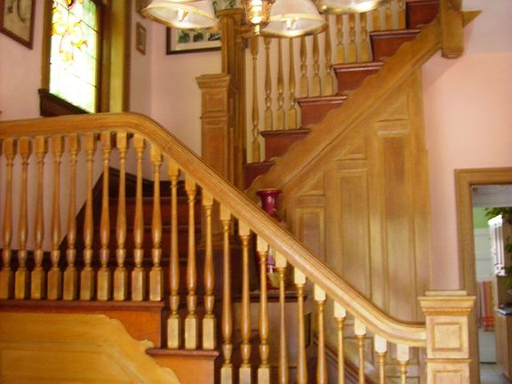 oak stairs/stained glass
