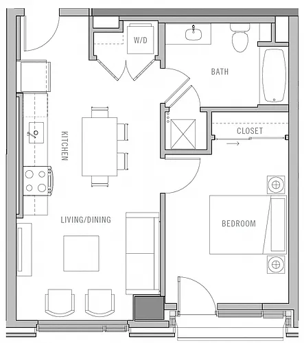 Floor plan 1 Bed-1 Bath-D1