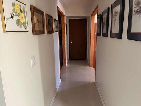 Hallway connecting garage, living room, and dining room.