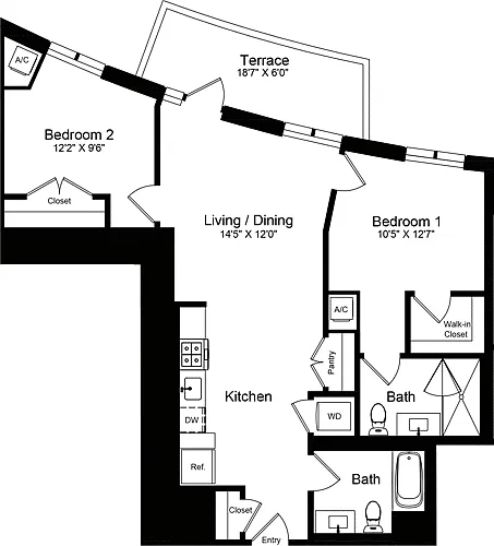 Floor plan 2 Bedroom A with Terrace