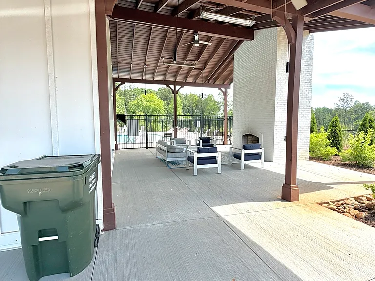Lounge area features a fireplace.