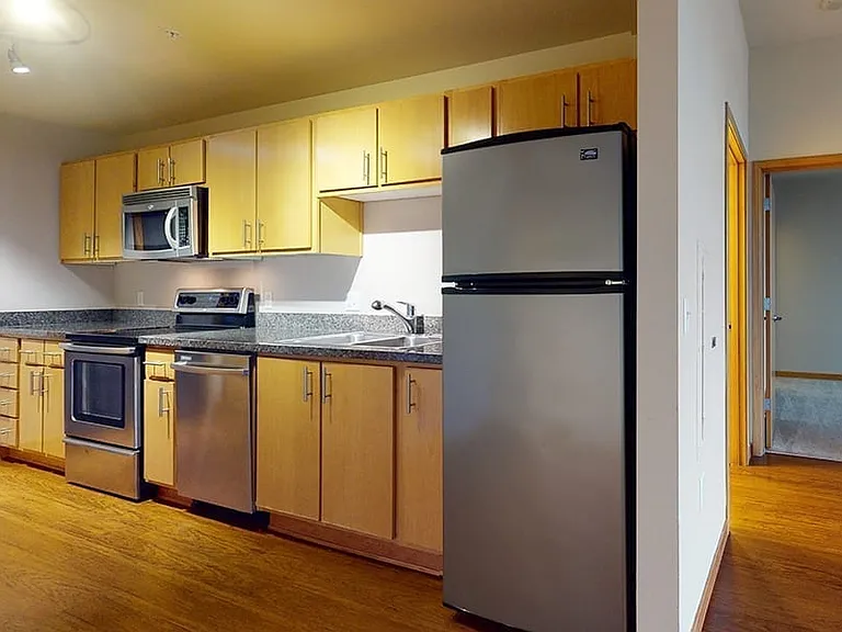 Apartment Kitchen with Stainless Steel Appliances, Granite Countertops and Wood-Style Flooring.