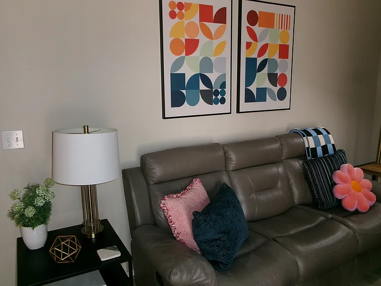 Leather sofa and new leather rocker/recliner to watch TV.