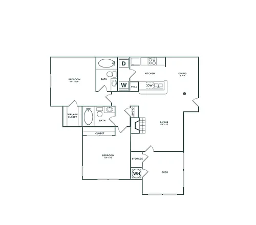 Floor plan Two Bedroom Two Bath (977 SF)