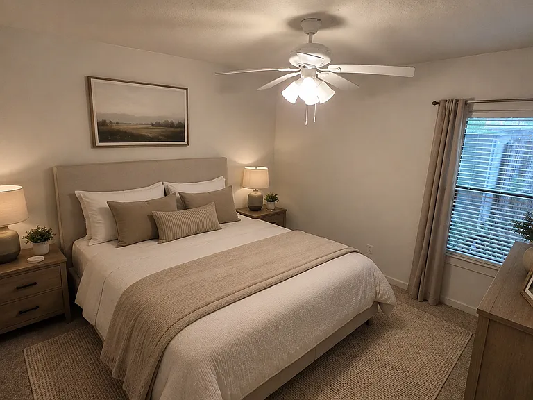 Downstair bedroom is shown furnished for illustration purposes. The property is unfurnished.