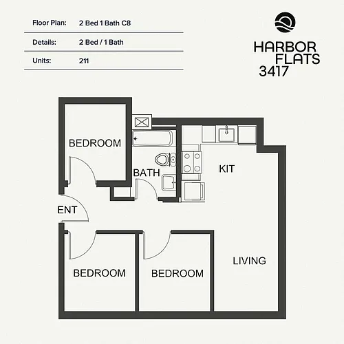 Floor plan 2 Bed 1 Bath C8