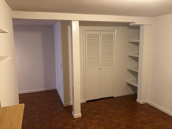 built in shelves near sleeping area and large closet behind louvered doors