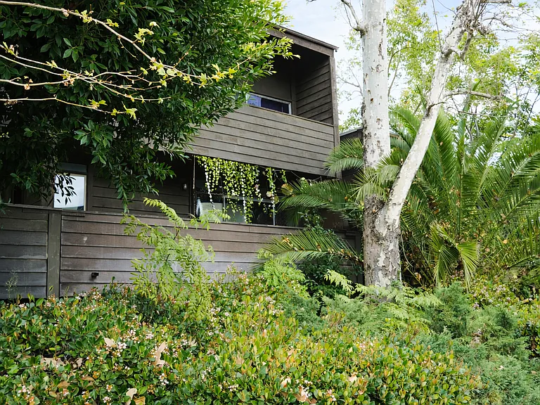Lush greenery surrounding the building creating a calm residential setting.