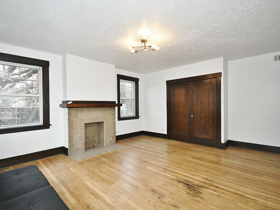 living room; front of building.