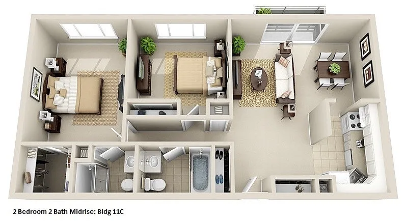Floor plan Mid-Rise 2 Bedroom, 2 Bath