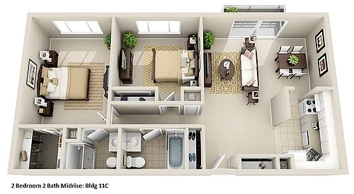 Floor plan Mid-Rise 2 Bedroom, 2 Bath