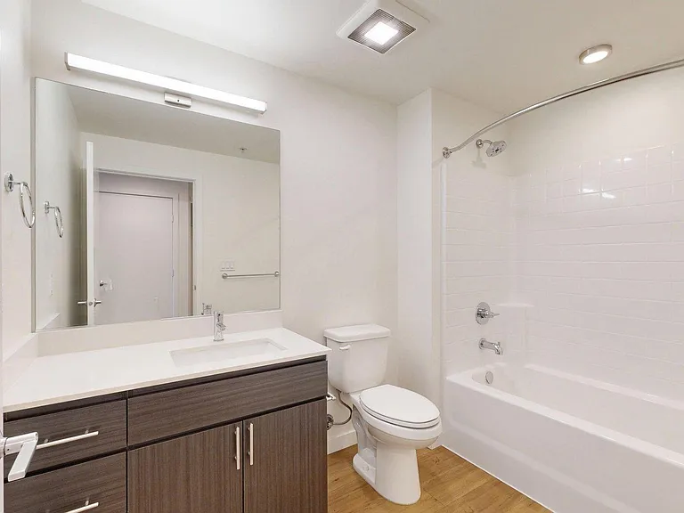 Apartment Bathroom with large soaking tub and wood-style flooring.
