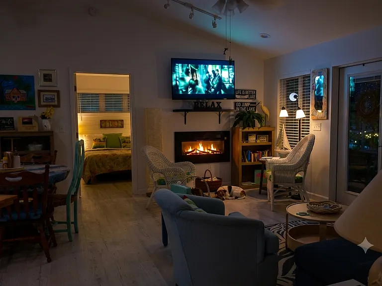 Inside the French doors you'll find an inviting great room with electric fireplace, ROKU TV and comfy chairs and sofa.