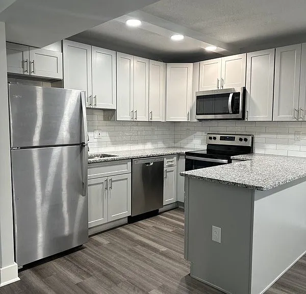 Renovated kitchen with stainless steel appliances and upgraded cabinets, flooring, and counter tops