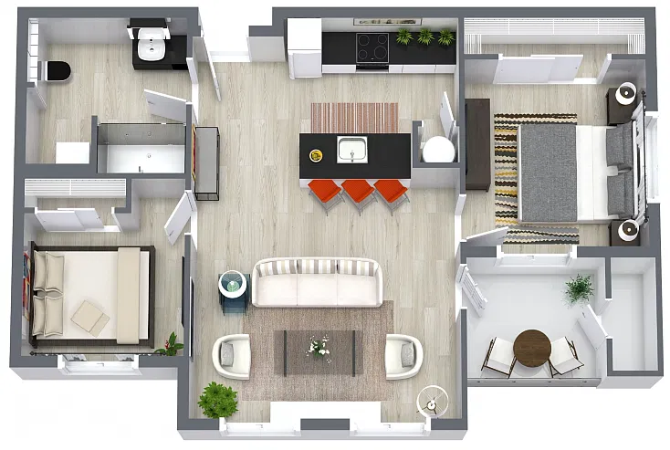 Floor plan 2 Bedroom, 1 Bath 813sf
