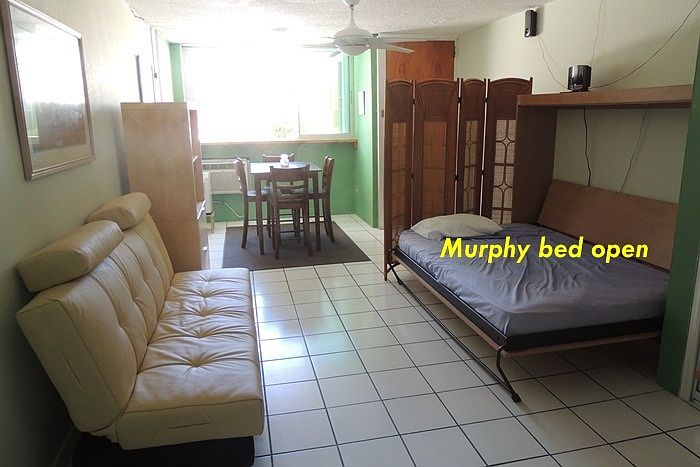 Futon at left, fulll murphy bed at right