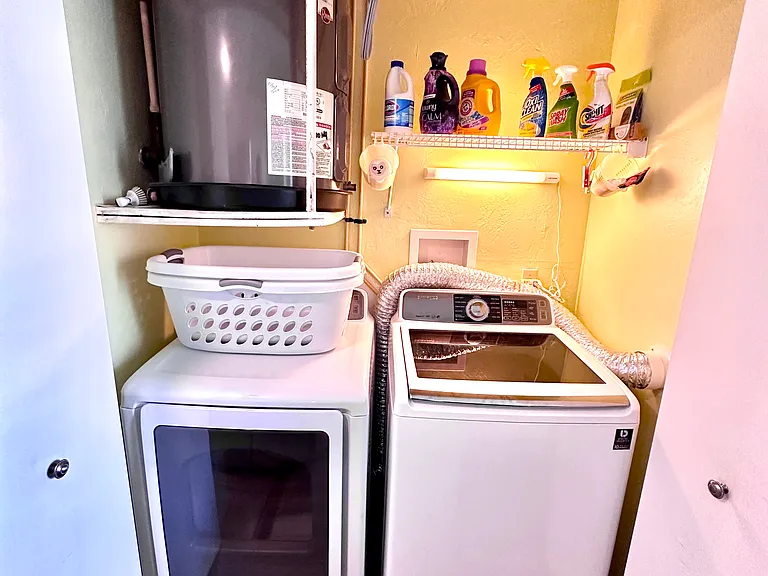 Pack light and stay a while! __ Our Unit 1003 is equipped with these Samsung oversized capacity washers and dryers. Whether you're here for a week or a month, having a high-efficiency laundry setup right in your unit makes vacation life so much easier.