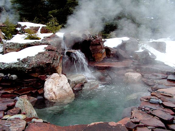Spa in Winter overlooks pond