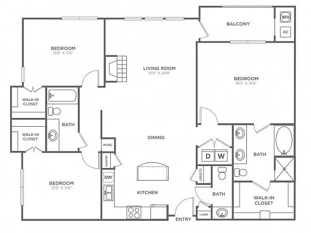 Floor plan 3 Bedroom 2 Bath (1,521 SF)